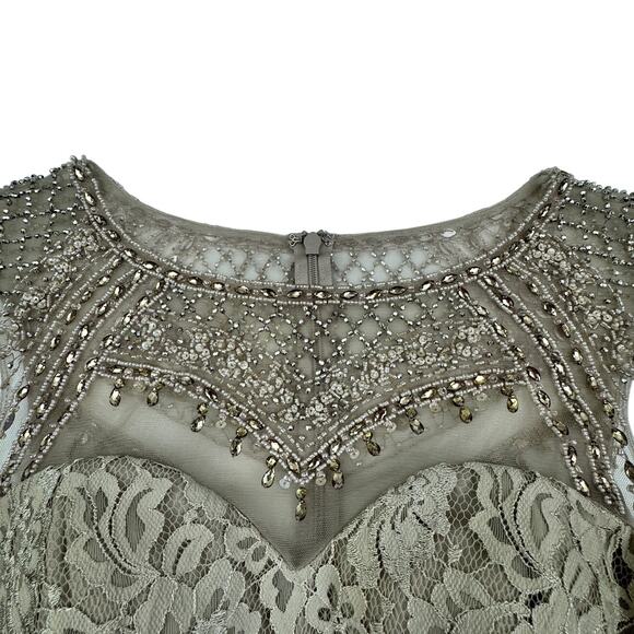 Cameron Blake Beige Neutral Full Length Lace Gown With Beaded Detail Women's 4 - Picture 4 of 13